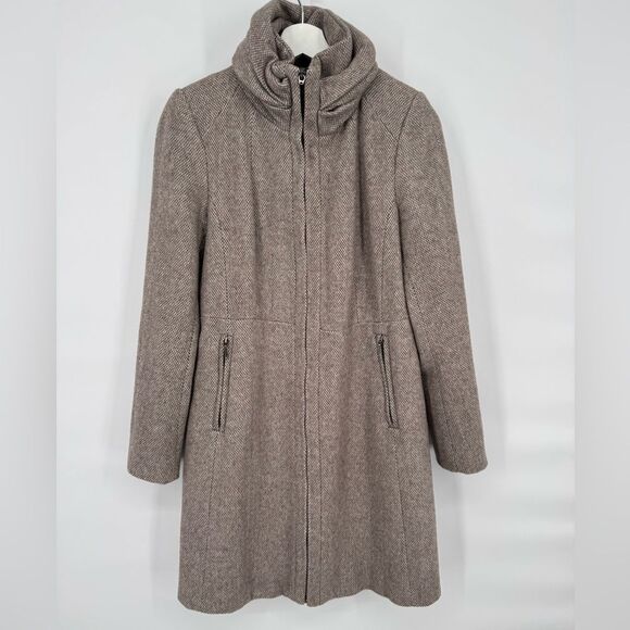 ZARA Tweed Funnel Neck Wool Coat Brown Med - Picture 6 of 6